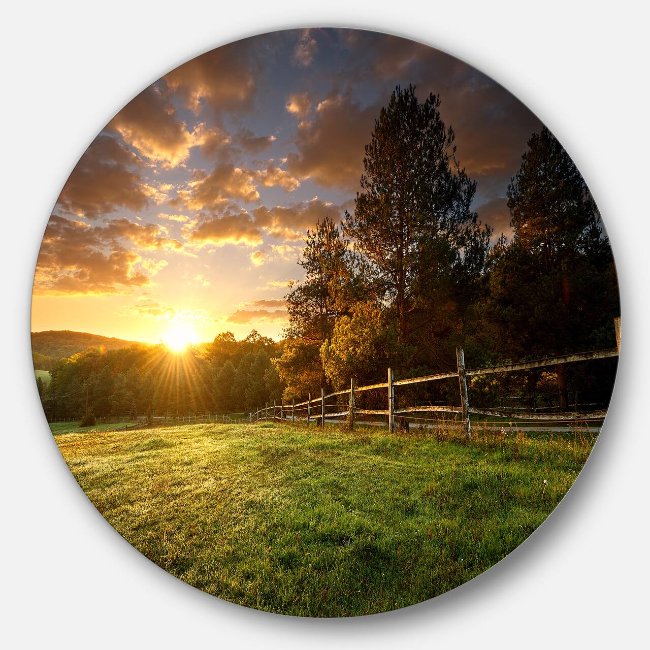 Designart - Fenced Ranch at Sunrise' Landscape Round Circle Metal Wall Art